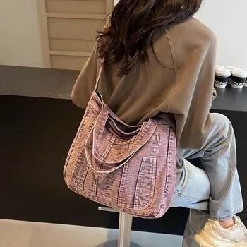 Сумка джинсовая женская большая вместимость 2024 года, новая сумка-мессенджер на осень и зиму, портативная сумка-тоут для студентов колледжа чёрный