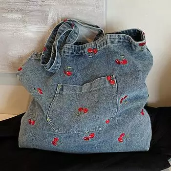 Сумка джинсовая женская большая вместительная 2024 новая летняя сумка для отдыха через плечо сумка для студентов колледжа класс сумка-тоут синий