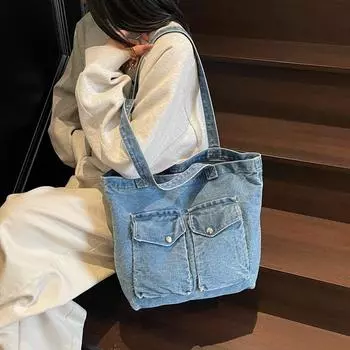 Сумка джинсовая женская большая вместительная сумка-тоут сумка через плечо светло-синий