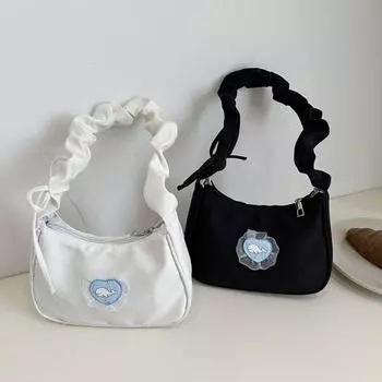 Сумка-хобо из нейлоновой ткани с бантом, повседневная сумка через плечо с плиссированным ремнем для девочек чёрный