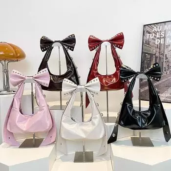 Сумка-хобо с заклепками и бантом Y2K для женщин, модная сумка на плечо со съемным бантом, женская сумка под мышкой из искусственной кожи 27.5x9x14cm красный