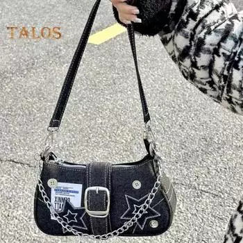 Сумка-хобо в стиле гранж, джинсовая сумка через плечо, сумка через плечо, винтажная сумка через плечо, повседневная сумка для женщин и девушек, для повседневных выходов на улицу чёрный