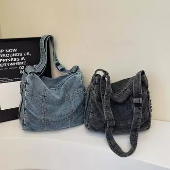 Сумка из денима, большая вместимость, школьная сумка для студента, женская сумка через плечо светло-синий