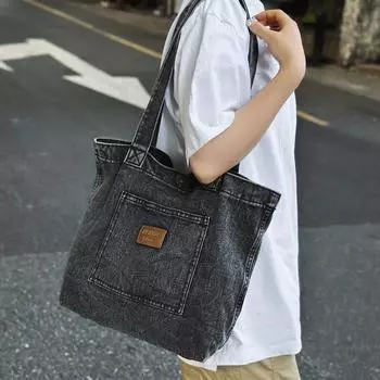Сумка из денима Большая вместительная сумка-тоут для женщин Сумка через плечо под мышкой чёрный