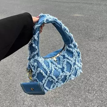 Сумка из денима в клетку с кисточками, весна-лето, новая французская нишевая маленькая женская сумка для дальних поездок, сумка-мешок подмышкой (20cm<Max Length<30cm)