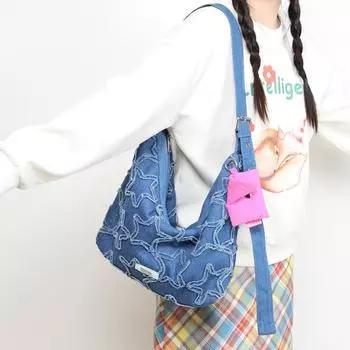 Сумка из денима в стиле ниши, модная универсальная холщовая сумка, большая вместительная сумка для пельменей, сумка через плечо светло-синий