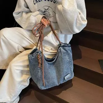 Сумка из денима женская большая вместительная сумка через плечо студенческая сумка для бега на работу чёрный