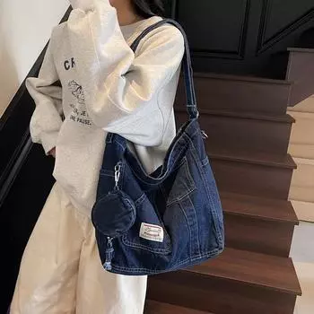 Сумка из денима женская большая вместительная сумка через плечо студенческая сумка для бега на работу чёрный