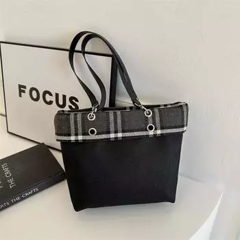 Сумка из фактурного холста большой вместимости, женская, новинка 2024 года, нишевая клетчатая сумка Spice Girl, переносная сумка-ведро для поездок на работу чёрный