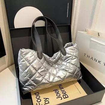 Сумка из глянцевого хлопка, модная вышивка нитками в виде ромба, большая вместительная женская сумка-пузырь, повседневный иностранный стиль, сумка-тоут через плечо. серебряный