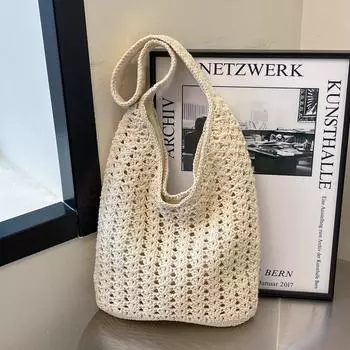 Сумка из хлопчатобумажной пряжи, женская, вместительная, универсальная, на одно плечо, сумка для подмышки, пляжная сумка в стиле морского курорта хаки