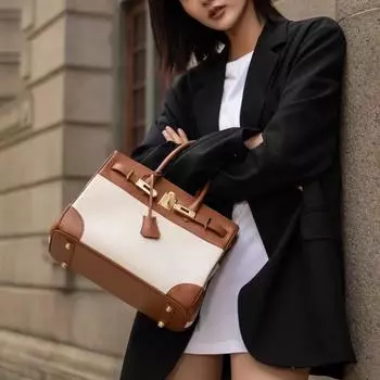 Сумка из холщовой коровьей кожи Platinum, контрастного цвета, ручная сумка через плечо, повседневная сумка-сплайсинг, большая вместимость, женская сумка из натуральной кожи 30x16x23cm бездна