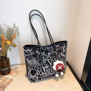 Сумка из холста с граффити, женские сумки 2025 года, новая повседневная сумка через плечо, универсальная сумка-тоут большой вместимости для студентов и школьников Without pendant чёрный