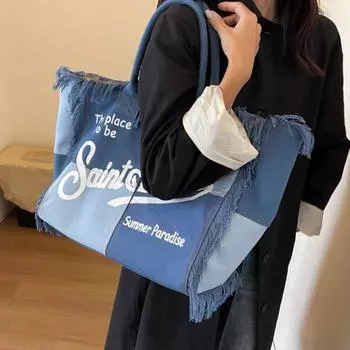 Сумка из холста с кисточками и буквами, большая вместительная сумка, простая сумка для студентов на одно плечо, сумки для женщин бежевый