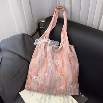 Сумка из холста с кружевной вышивкой и цветочным узором Xia Qing 2025 года, универсальная сумка через плечо большой вместимости синий