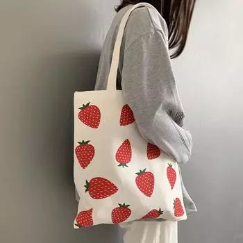 Сумка из холста с принтом Fresh Strawberry Print 2023 года — корейский стиль, большая вместимость, сумка через плечо для студентов колледжей
