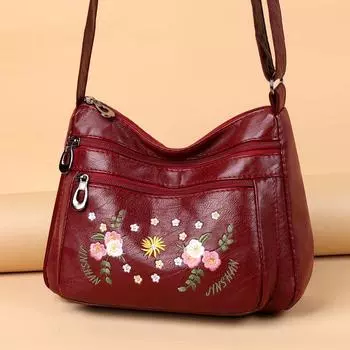 Сумка из искусственной кожи большой емкости для женщин среднего возраста, модная вышивка из мягкой кожи для мам, сумка через плечо для женщин среднего и пожилого возраста чёрный