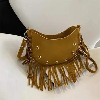 Сумка из искусственной кожи, персонализированная женская сумка с кисточками, новинка 2023, модная сумка на плечо с заклепками, сумка для клецок, сумка через плечо Moon Bag чёрный