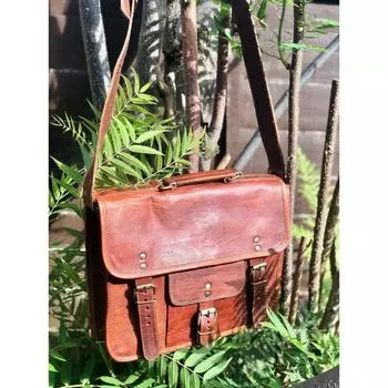 Сумка из коричневой кожи в деревенском стиле, 13 дюймов. (A4) кожаная сумка, сумка-мессенджер из экологически чистой кожи, традиционная кожаная сумка, небольшой кожаный портфель 12.5 x 10 x 3.5 in коричневый