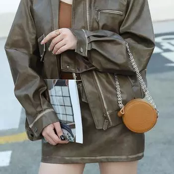 Сумка из коровьей кожи круглой формы с цепочкой для женщин, переносная, для мелочи, наушников, помады, симпатичная