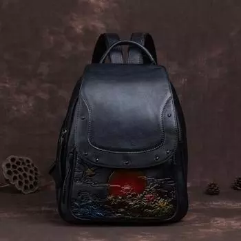 Сумка из коровьей кожи, рюкзак большой вместимости, сумка для рукоделия с тиснением в стиле ретро 25*14*32 чёрный
