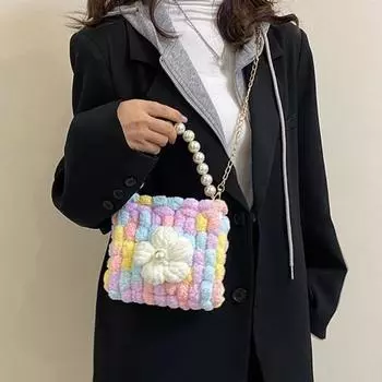 Сумка из материала «сделай сам», мягкая плюшевая вязаная крючком искусственная жемчужина, цветок, цепочка на ремешке, легкое завершение, стеганая сумка, женская сумка-тоут, сумка на плечо, аксессуар «сделай сам» чёрный