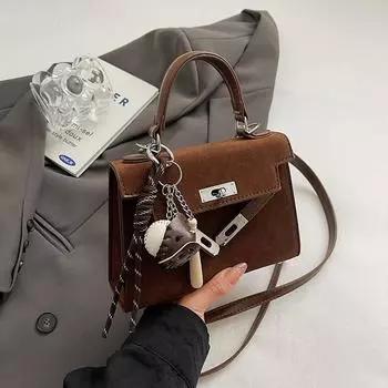 Сумка из матовой замши в стиле ретро, женская сумка на осень и зиму, модная универсальная сумка через плечо No pendant: 20 * 6 * 14 коричневый