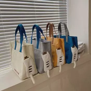 Сумка из набивной ткани, большая вместимость, сумка из ткани с набивным рисунком, вышитый кот, холщовая сумка для детей серый