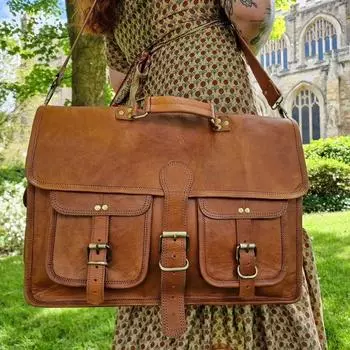 Сумка из натуральной кожи, большая кожаная сумка, сумка с двумя карманами 18 x 13 x 4.5 in коричневый