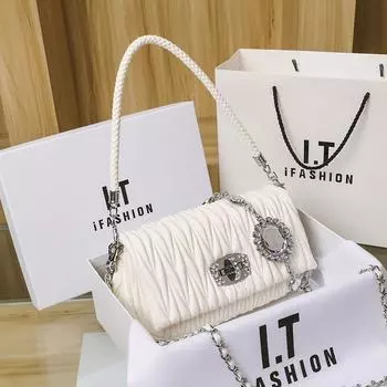 Сумка из натуральной кожи подмышками, сумка на цепочке со стразами, новинка 2023 года, сумка с решеткой и бриллиантами, сумка на одно плечо, сумка через плечо белый