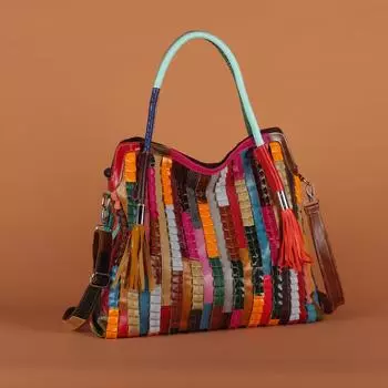Сумка из натуральной кожи с кисточками для женщин, повседневная сумка через плечо с разноцветными полосками случайного контрастного цвета в этническом стиле