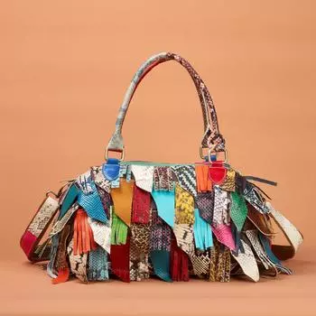 Сумка из натуральной кожи с контрастными цветными кисточками, сумка через плечо на одно плечо для женщин разноцветный