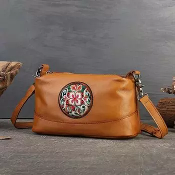 Сумка из натуральной кожи, женская, большая вместимость, сумка-подушка, винтажная, этнический стиль, вышивка, сумка через плечо чёрный