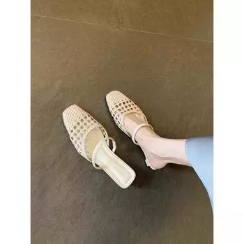 Сумка из овчины, голова наполовину тапочки с квадратным носком, полые плетеные тапочки, женская обувь, крутые тапочки 35