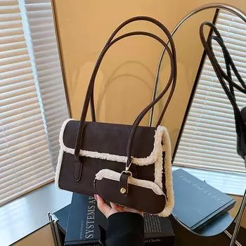 Сумка из овечьей шерсти с вставками из замши, длинная, подмышечная, маленькая квадратная сумка в стиле ретро из искусственной кожи, сумка через плечо для поездок на работу и обратно