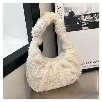 Сумка из плюшевой овечьей шерсти, женская, большой вместимости, новинка 2024 года, на одно плечо, плиссированная сумка для пельменей под мышками белый