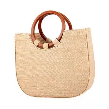 Сумка из ротанга ручной работы в стиле ретро с круглой деревянной ручкой, летняя пляжная сумка через плечо бежевый