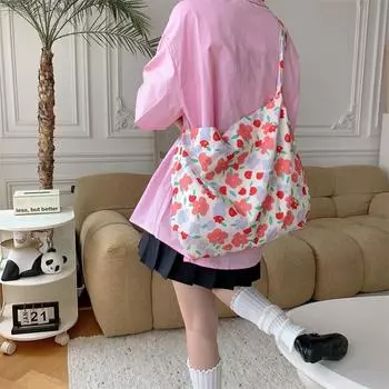 Сумка из ткани с цветочным принтом, полосатая холщовая сумка на плечо, повседневная холщовая сумка с цветочным принтом для девочек style 2