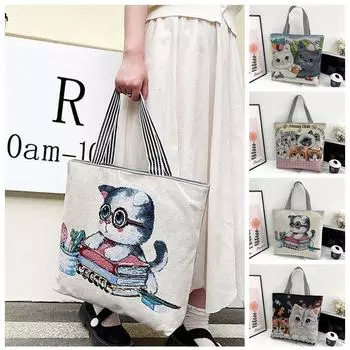 Сумка из ткани с вышивкой в виде милого кота, сумка через плечо в виде животного в этническом стиле, косметичка B