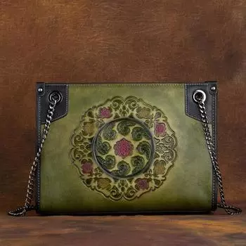 Сумка из воловьей кожи с верхним слоем и цепочкой. Большая вместительная сумка на одно плечо. Сумка-тоут в стиле ретро. 30*11*22 зелёный