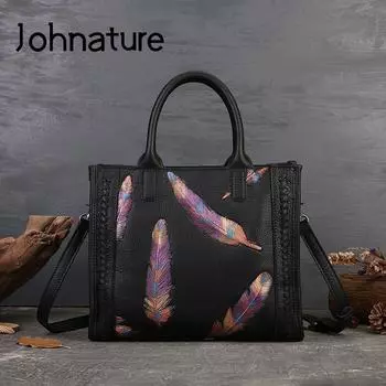 Сумка Johnature в стиле ретро с тиснением перьев, женская сумка из натуральной кожи, большая вместительная повседневная сумка из натуральной яловой кожи чёрный