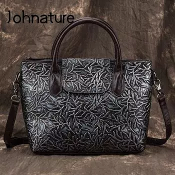 Сумка Johnature в стиле ретро, женская сумка из натуральной кожи, большая вместительная сумка ручной работы из воловьей кожи с тиснением, сумки на плечо и через плечо