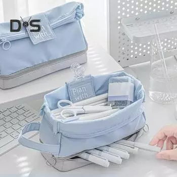 Сумка-карандаш большой емкости для хранения канцелярских принадлежностей для студентов с ручным ремешком и плавным механизмом застежки-молнии 3C косметичка темно-синий