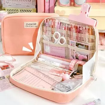 Сумка-карандаш большой емкости, розовая эстетичная школьная пенал, канцелярские принадлежности, пенал на молнии, школьные принадлежности розовый