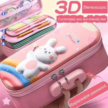 Сумка-карандаш, двухслойная 3D-печать, гладкая двойная молния, дизайн с паролем, милый узор кролика, компактная коробка для канцелярских принадлежностей с ручкой, ежедневное использование F