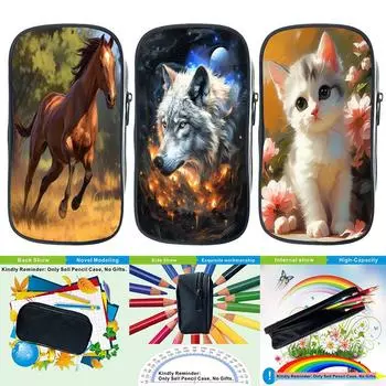 Сумка-карандаш с лошадью и волком, школьные чехлы с пандой и кошкой для девочек, сумка-держатель для канцелярских принадлежностей с тигром и собакой, детский пенал с капибарой, школьные принадлежности для студентов 1
