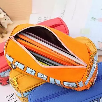 Сумка-карандаш с мультяшным автобусом, холст, большая емкость, автомобильный пенал на молнии, ручка для студентов, канцелярские принадлежности, школьные принадлежности