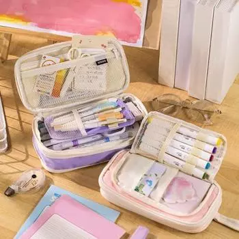 Сумка-карандаш с ручкой, двухслойный сетчатый карман, холст с несколькими карманами, дизайнерская сумка для хранения карандашей и ручек, офисные аксессуары темно-зеленого