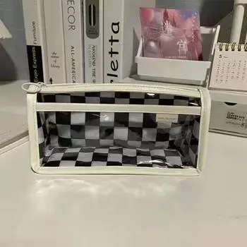 Сумка-карандаш, сумка для канцелярских принадлежностей с клетчатым узором, большой размер, вмещает много вещей, простой дизайн, прозрачный цвет black