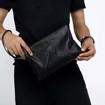 Сумка-конверт из натуральной кожи с большой ручкой и верхним слоем из коровьей кожи чёрный